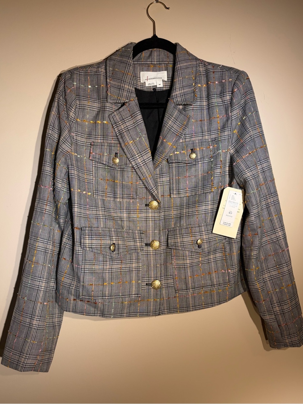 Anthropologie Houndstooth Plaid Double-Breasted Blazer NWT Petite Medium